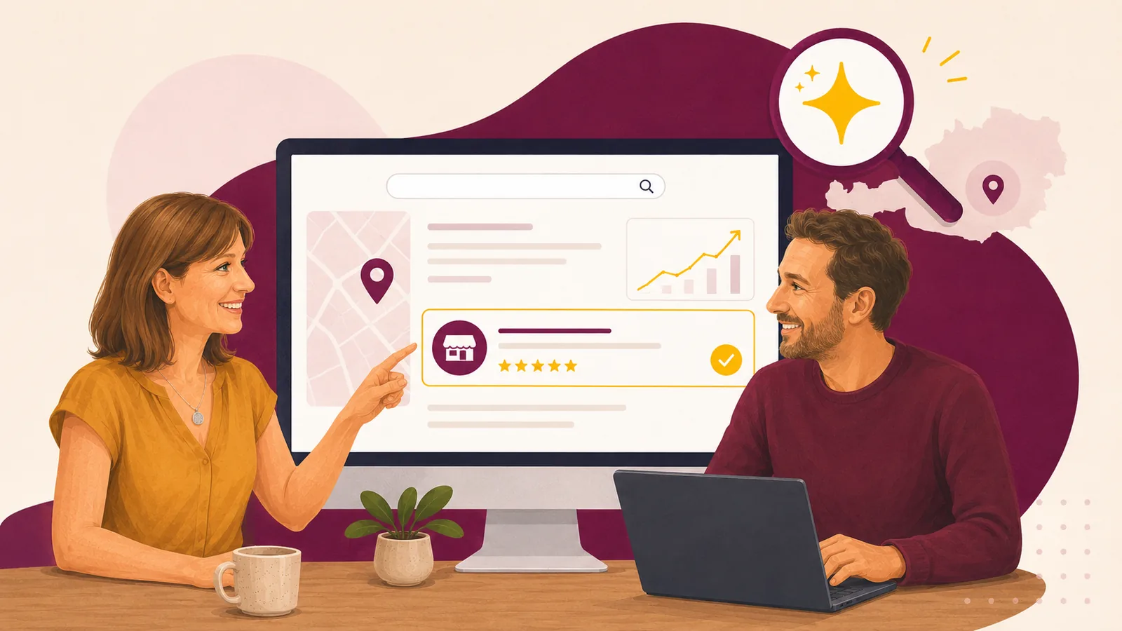 Illustration: Zwei Personen besprechen lokale Sichtbarkeit einer Website in der Suche