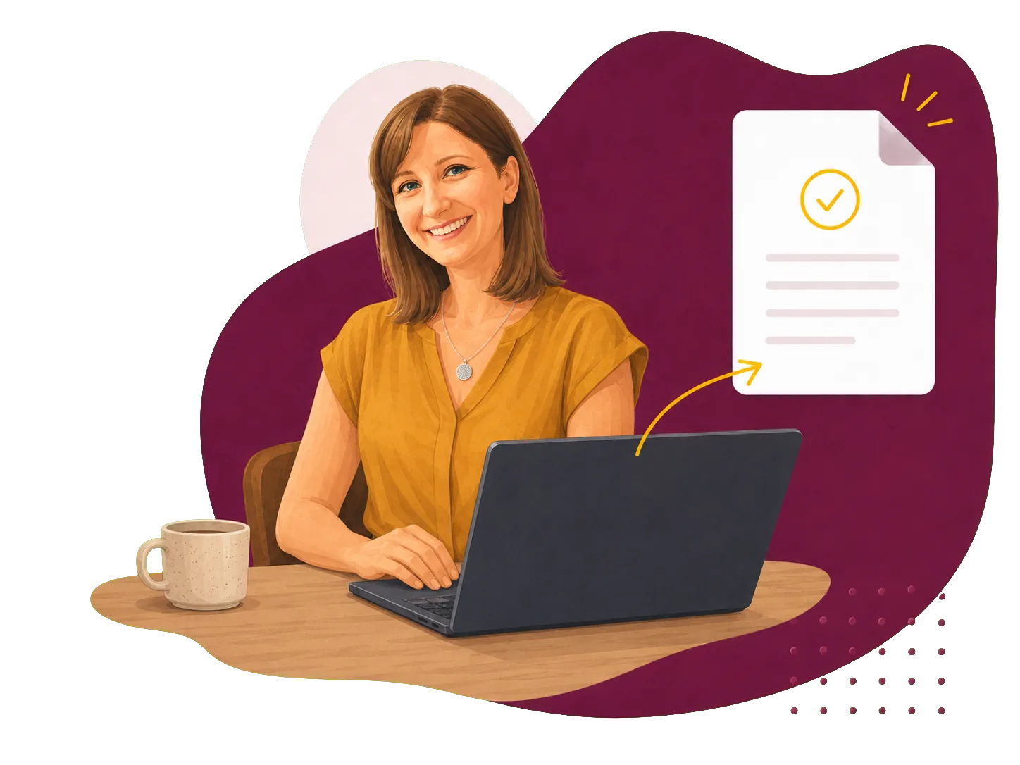 Illustration: Julia von gocreate erstellt am Laptop ein fertiges Dokument